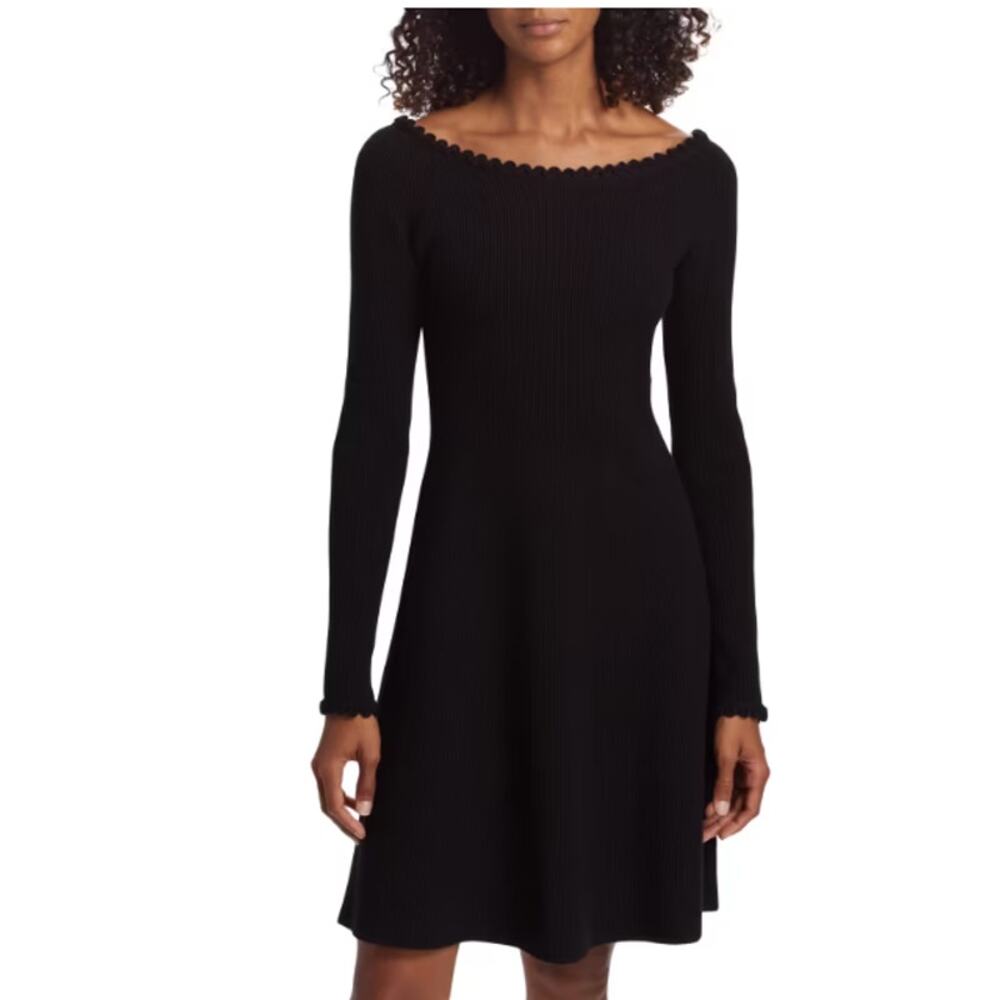 Lela Rose Boat-Neck Rib-Knit Minidress in Black (Size Medium)